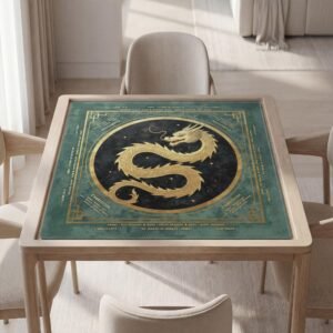 Personalized Masculine Mahjong Mat with Instructions (Rules): Green Dragon Design