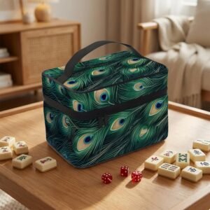 Mahjong Tile Bag: Peacock Design - Full Set Game Carry, Polyester Travel Case