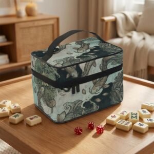 Mahjong Tile Bag: Pisces Koi Fish Design, Teal Gold Structured Carry Case, Polyester Zippered Travel Organizer