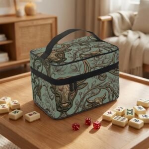 Mahjong Tile Bag: Teal Floral - Taurus Bull Motif, Durable Polyester Travel Case