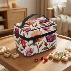 Mahjong Tile Bag: Floral Design, Polyester Travel Storage with Zipper Closure, Game Night Carry Case