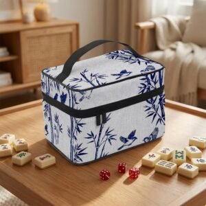 Mahjong Tile Bag: Chinoiserie Blue Bamboo Bird, Polyester Portable Case, Full Set Storage