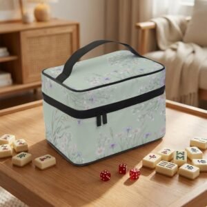 Mahjong Tile Bag, Field Flowers Carrier - Mauve Floral, Polyester, Zippered Storage