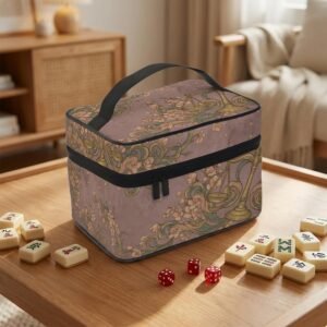 Mahjong Tile Bag, Libra Scales Floral Zodiac Motif - Mauve Polyester Zippered Pouch