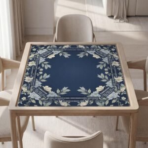Personalized Mahjong Mat, Navy Floral Design, Soft Polyester, Non-Slip Rubber, 31 Inch Square