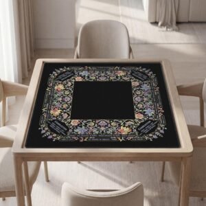 Personalized Mahjong Mat, Black Floral, Rubber Backing, Storage Pouch, Soft Top