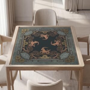 Personalized Mahjong Mat, Capricorn Sea Goat Zodiac, Gold Teal, Waterproof Rubber Backing