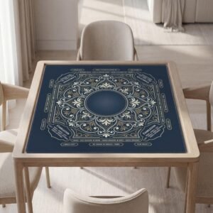 Personalized Mahjong Mat, Ornate Navy-White, Soft Polyester, Non-Slip Backing, Quiet Play