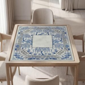 Personalized Mahjong Mat, Blue Willow Lotus, Soft Polyester, Non-Slip Backing