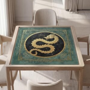Personalized Mahjong Mat, Golden Dragon Design, Non-Slip Rubber Backing, Soft Top, With or Without Rules