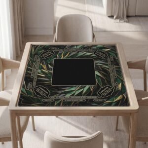 Masculine Personalized Mahjong Mat, Emerald-Gold Spiky Design, Waterproof Polyester, Black Polyester Pouch