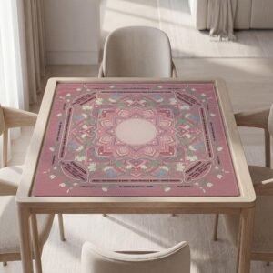 Personalized Mahjong Mat, Pink Floral Mandala, Soft Polyester, Non Slip Rubber Backing