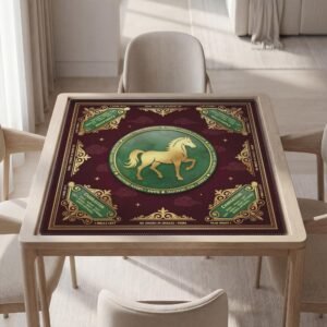 Personalized Mahjong Mat, Gold Horse Design, Non-Slip Polyester, Quiet Cover