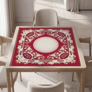 Personalized Mahjong Mat, Red Floral Vintage, Soft Polyester, Non-Slip Backing