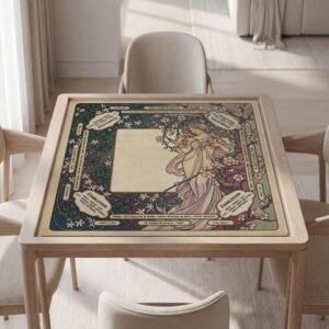 Personalized Mahjong Mat, Art Nouveau Flower Lady, Soft Polyester, Rubber Backing, Botanical Blooms