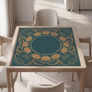 Personalized Mahjong Mat, Art Nouveau Lotus, Teal Gold, Non-Slip Polyester, Rules Included