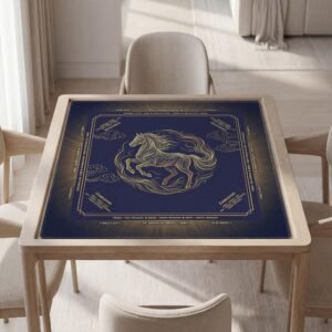Personalized Mahjong Mat, Navy Gold Horse Design, Soft Polyester, Quiet Play Surface
