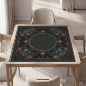Personalized Mahjong Mat, Dark Floral Design, Burgundy Blooms, Soft Polyester Top