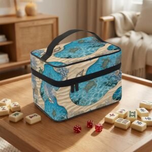 Mahjong Tile Bag, Sea Turtle Coral Shell Art, Polyester Zippered Carry Pouch, Club Play Storage