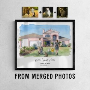 Custom Watercolor House Portrait: Home, Owner, and Pets from Photos