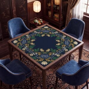 Custom Mahjong Mat, Navy Blue Acanthus Floral Scrollwork, Nonslip Smooth Game Board Cover