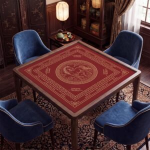 Custom Mahjong Mat, Deep Red Golden Horse Emblem, Smooth Cloth,  Rubber Backing