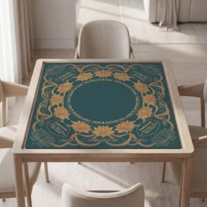 Personalized Mahjong Mat, Art Nouveau Lotus, Teal Gold, Non-Slip Polyester, Rules Included