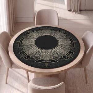 Personalized Round Mahjong Mat, Black Gold Ornate, Soft Rubber Backing, Quiet Play, Carry Pouch