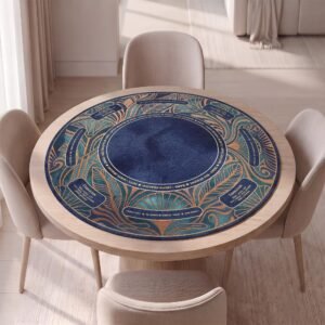 Personalized Round Mahjong Mat, Blue Gold Art Deco, Soft Rubber Backing, Quiet Play, Carry Pouch