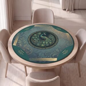 Personalized Round Mahjong Mat, Elegant Peacock Teal Gold With or Without Rules, Non-Slip