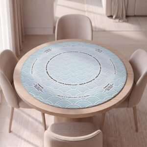 Custom Round Mahjong Mat, Blue Seigaiha Wave With or Without Rules, Non-Slip, Soft Top