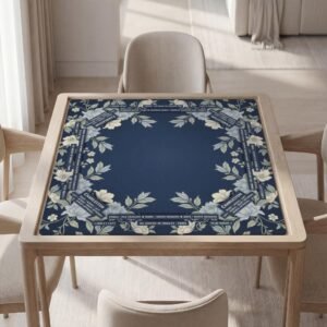 Personalized Mahjong Mat, Navy Floral Design, Soft Polyester, Non-Slip Rubber
