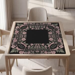 Custom Mahjong Mat, Pink Rose Vintage Floral With or Without Rules, Waterproof Black Table Cover