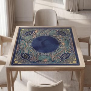 Personalized Mahjong Mat, Dark Blue Art Deco, Gold Geometric Fans, Non-Slip