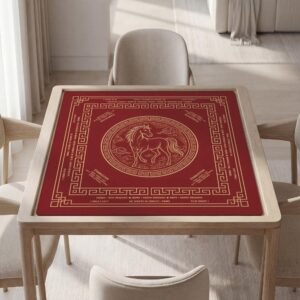 Custom Mahjong Mat, Red Gold Horse, Soft Polyester Play Surface, Non Slip Backing