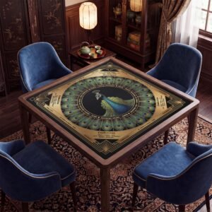Custom Mahjong Mat, Black Art Deco Peacock With or Without Rules, Sleek Top, Non-Slip Backing, Bag Included
