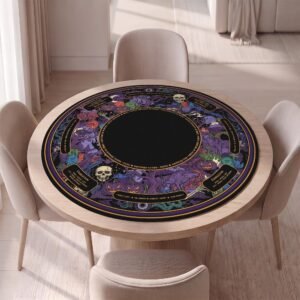 Custom Round Mahjong Mat With or without Rules, Spooky Halloween Skull and Pumpkin Design, Soft Top, Non-Slip Backing