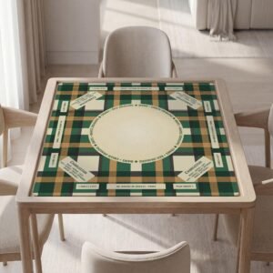 Custom Mahjong Mat, Plaid Green Beige, Polyester Top, Rubber Backing, Quiet Game
