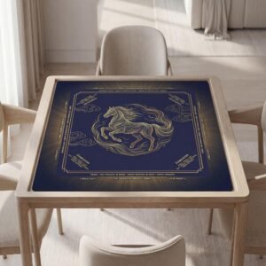 Custom Mahjong Mat, Navy Gold Horse Design, Soft Polyester, Quiet Play Surface