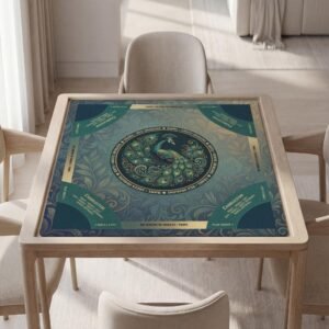 Custom Mahjong Mat, Peacock Design, Soft Polyester, Non-Slip Backing | Black Pouch