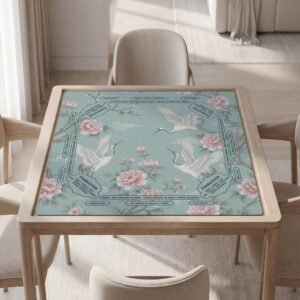 Custom Mahjong Mat, Crane And Peonies, Blue Chinoiserie | Soft Touch Textile - Quiet Tile Surface