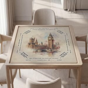 Custom Mahjong Mat, Big Ben London Watercolor, Soft Polyester, Rubber Backing