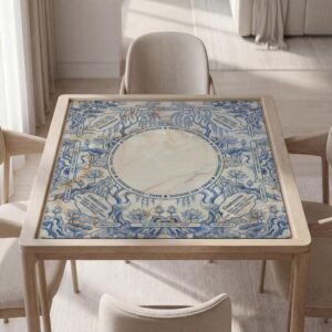 Custom Mahjong Mat, Chinoiserie Cream Marble, Blue And White Crane, Polyester