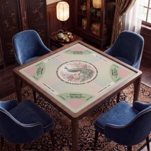 Custom Mahjong Mat, Peacock Design, Smooth Polyester, Non-Slip Rubber, Black Pouch