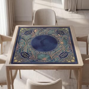 Personalized Mahjong Mat, Dark Blue Art Deco, Gold Geometric Fans, Non-Slip